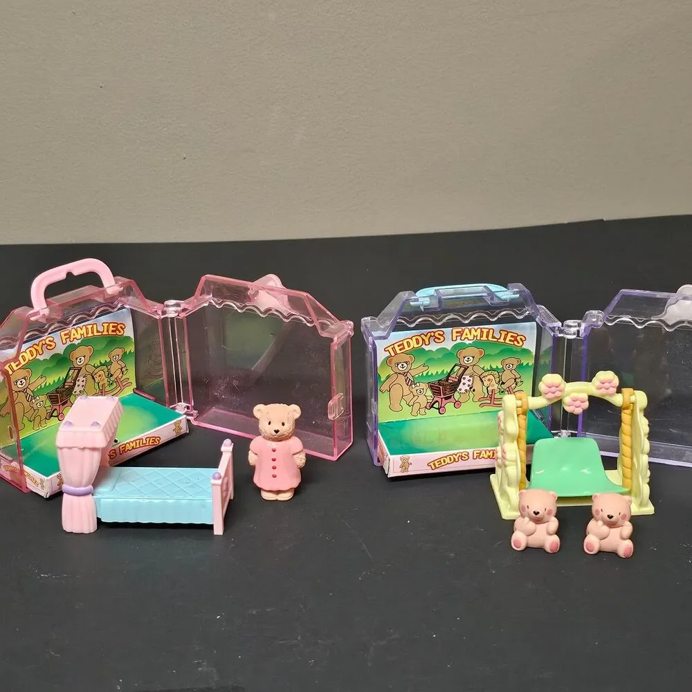 Vtg Set of 2 Teddy's Families Miniature Toy Playsets Polyfect Toys 1990s.